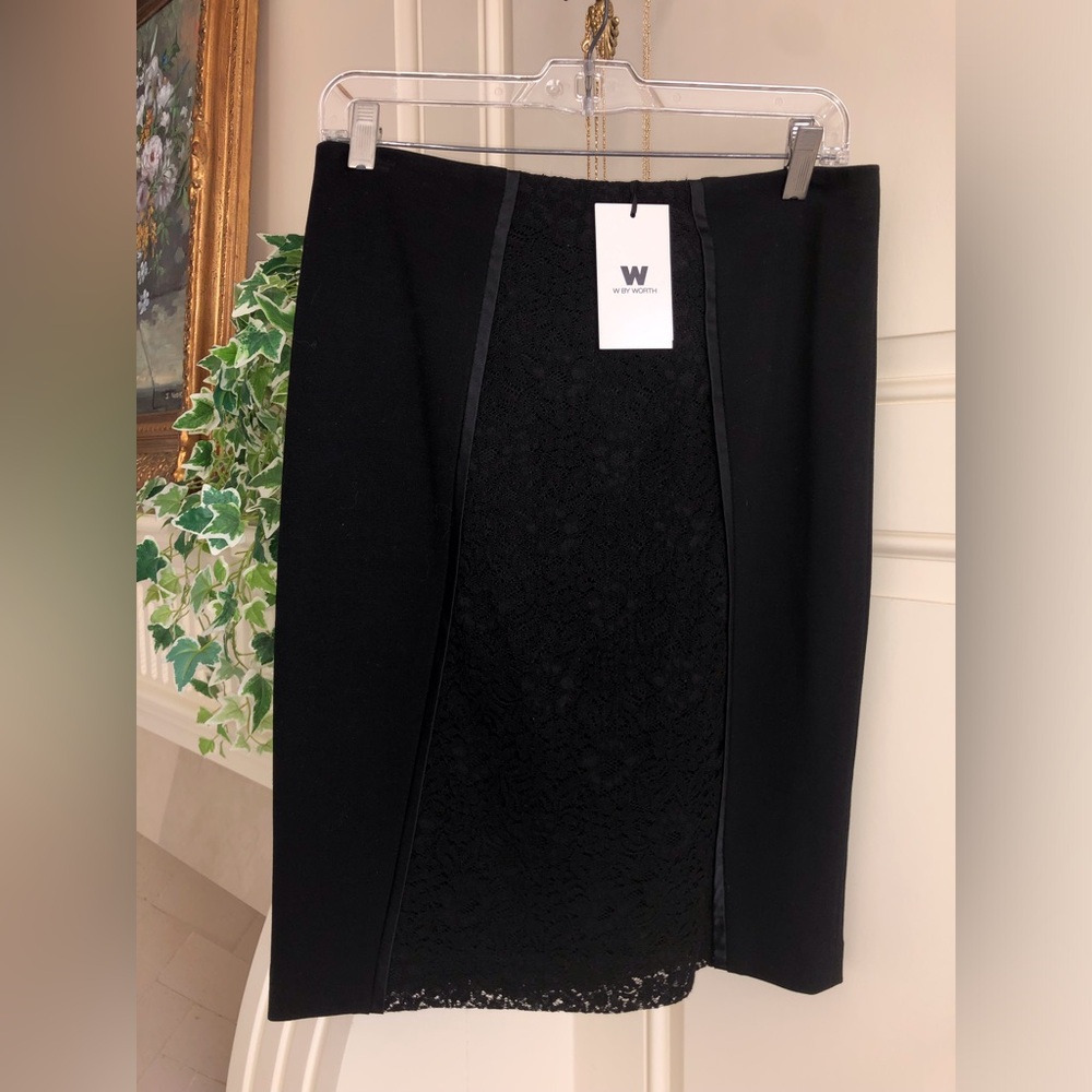 NWT W by Worth Black Knit Lace Insert Pencil Skirt Size 6